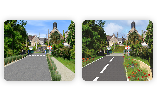 Aménagement routier avant et après avec végétation.