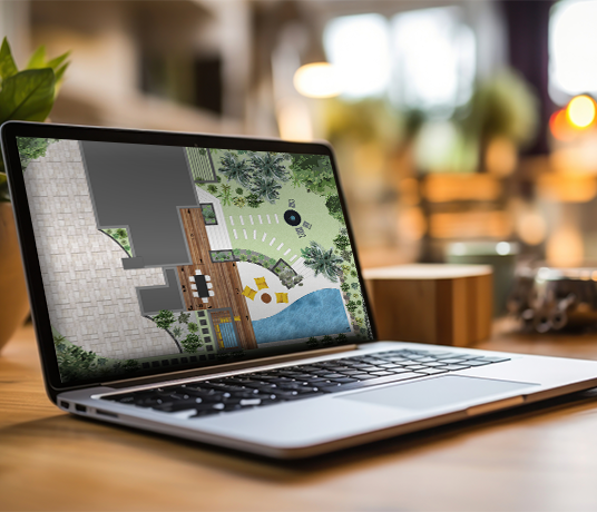 Ordinateur portable affichant un plan de jardin.