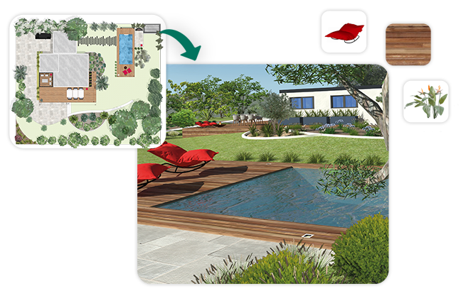 Conception de jardin avec piscine et transats rouges.