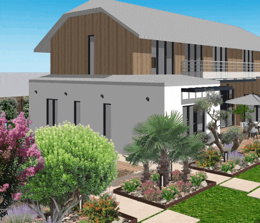 Maison moderne entourée de jardin coloré.