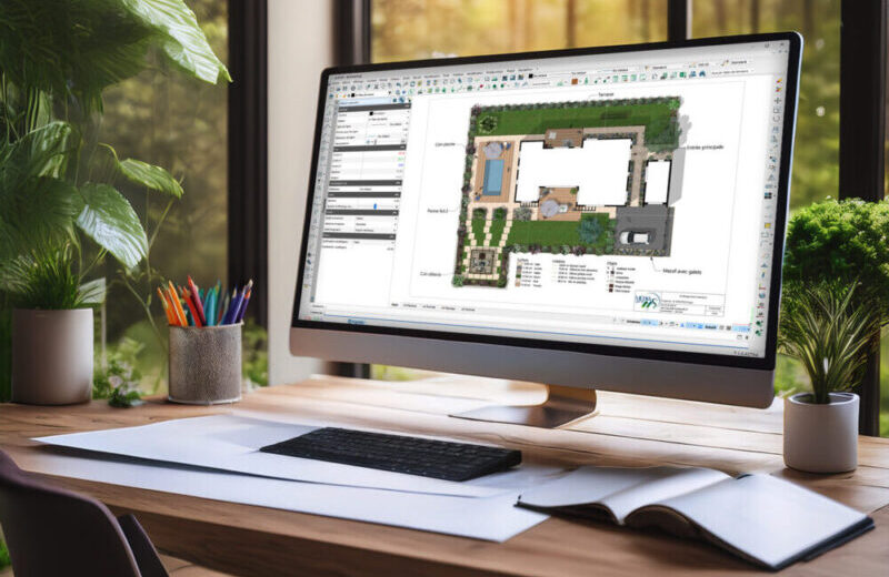 Bureau moderne avec écran d&#039;ordinateur, nature visible dehors.