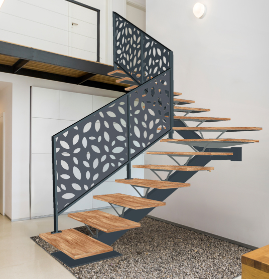 Escalier moderne en bois et métal décoratif.