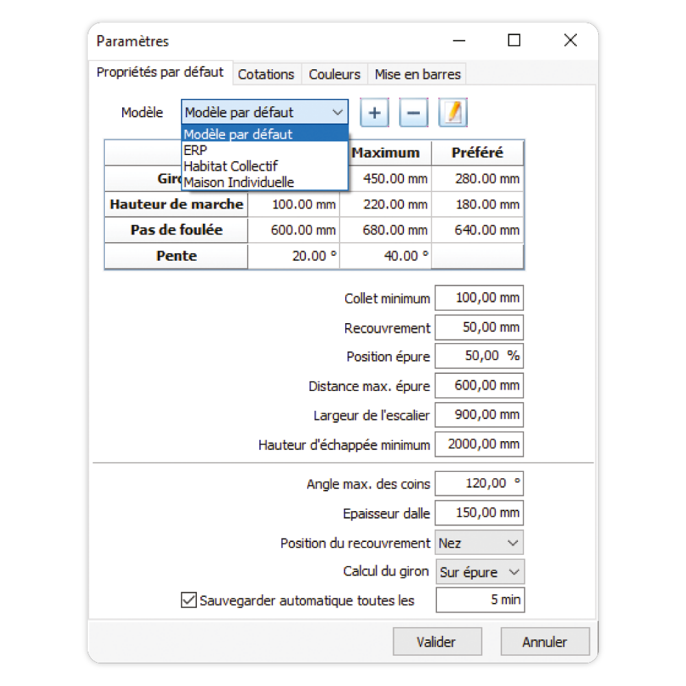 Fenêtre de paramètres d'escalier avec divers réglages.