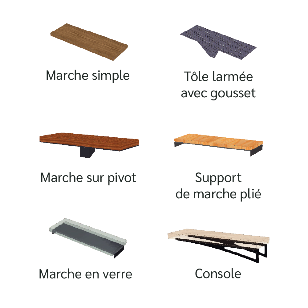 Six modèles de marches d'escalier différents.