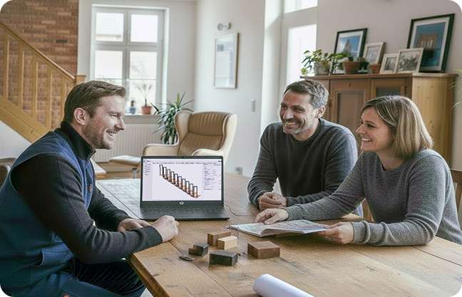 Réunion autour d'un projet architectural sur un ordinateur.